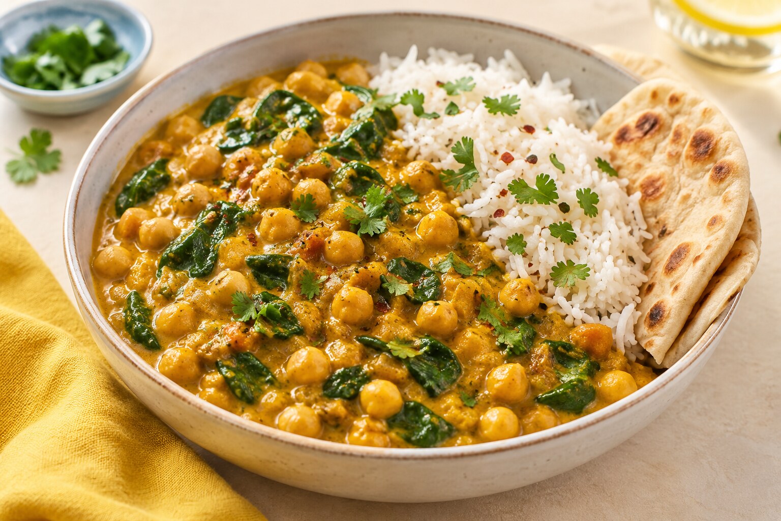 Golden chickpea and spinach curry served with basmati rice and flatbread
